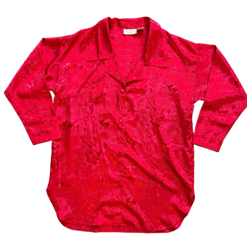Victoria’s Secret Gold Label Vintage Red satin jacquard sleep‎ shirt/nightgown S